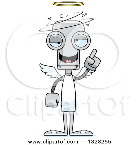 Clipart of a Cartoon Skinny Dizzy Robot Angel Holding up a Finger - Royalty Free Vector Illustration by Cory Thoman