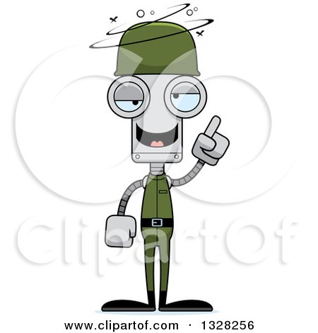 Clipart of a Cartoon Skinny Dizzy Robot Soldier with an Idea - Royalty Free Vector Illustration by Cory Thoman