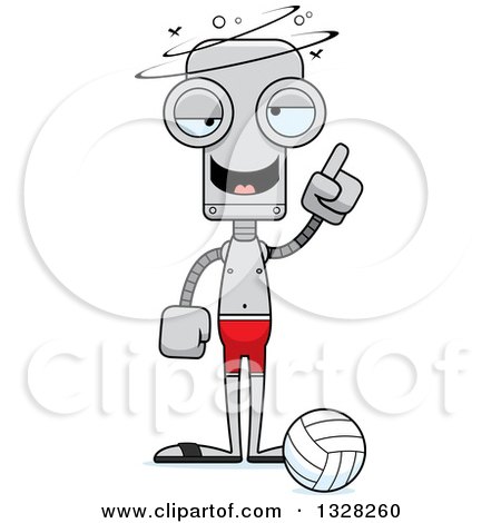 Clipart of a Cartoon Skinny Dizzy or Drunk Robot Beach Volleyball Player - Royalty Free Vector Illustration by Cory Thoman
