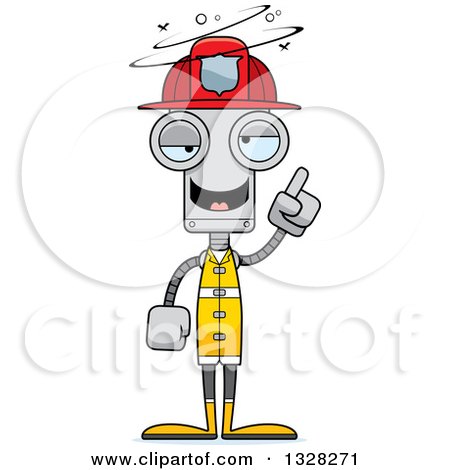 Clipart of a Cartoon Skinny Drunk or Dizzy Robot Firefighter - Royalty Free Vector Illustration by Cory Thoman