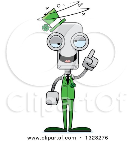 Clipart of a Cartoon Skinny Drunk or Dizzy Irish St Patricks Day Robot - Royalty Free Vector Illustration by Cory Thoman