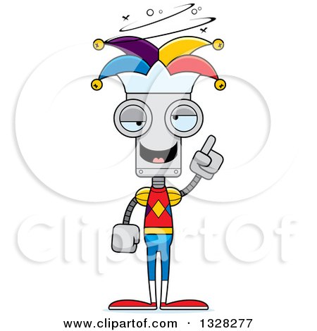 Clipart of a Cartoon Skinny Drunk or Dizzy Jester Robot - Royalty Free Vector Illustration by Cory Thoman