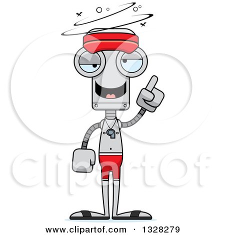Clipart of a Cartoon Skinny Drunk or Dizzy Lifeguard Robot - Royalty Free Vector Illustration by Cory Thoman