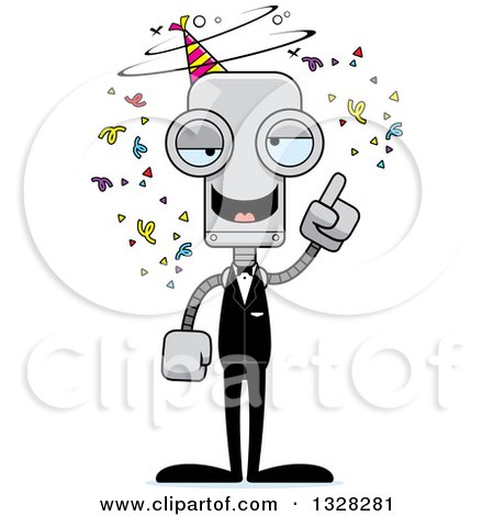 Clipart of a Cartoon Skinny Drunk or Dizzy Party Robot - Royalty Free Vector Illustration by Cory Thoman