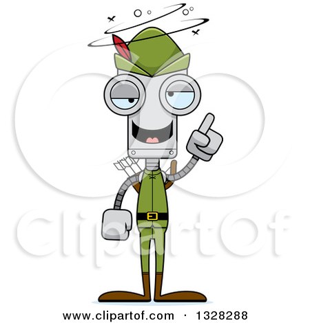 Clipart of a Cartoon Skinny Drunk or Dizzy Robin Hood Robot - Royalty Free Vector Illustration by Cory Thoman