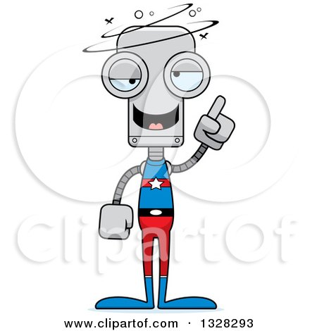 Clipart of a Cartoon Skinny Drunk or Dizzy Super Hero Robot - Royalty Free Vector Illustration by Cory Thoman