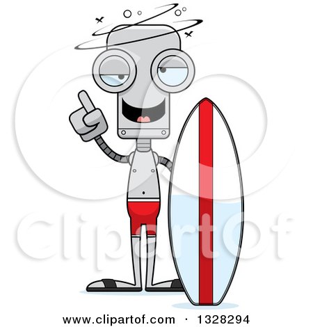 Clipart of a Cartoon Skinny Drunk or Dizzy Surfer Robot - Royalty Free Vector Illustration by Cory Thoman