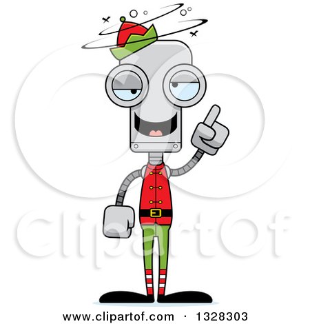 Clipart of a Cartoon Skinny Drunk or Dizzy Christmas Elf Robot - Royalty Free Vector Illustration by Cory Thoman