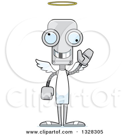 Clipart of a Cartoon Skinny Robot Angel with a Missing Tooth, Waving - Royalty Free Vector Illustration by Cory Thoman
