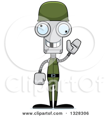 Clipart of a Cartoon Skinny Waving Army Soldier Robot with a Missing Tooth - Royalty Free Vector Illustration by Cory Thoman