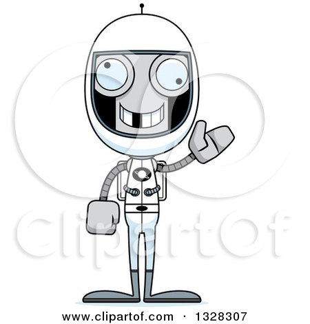 Clipart of a Cartoon Skinny Waving Robot Astronaut with a Missing Tooth - Royalty Free Vector Illustration by Cory Thoman