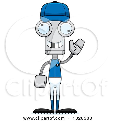 Clipart of a Cartoon Skinny Waving Robot Baseball Player with a Missing Tooth - Royalty Free Vector Illustration by Cory Thoman
