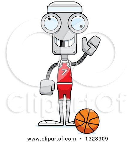 Clipart of a Cartoon Skinny Waving Robot Basketball Player with a Missing Tooth - Royalty Free Vector Illustration by Cory Thoman