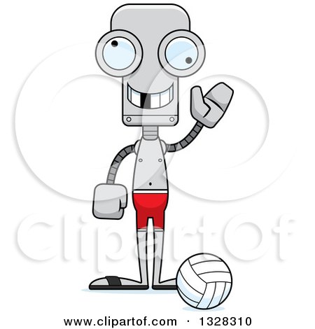 Clipart of a Cartoon Skinny Waving Beach Volleyball Robot with a Missing Tooth - Royalty Free Vector Illustration by Cory Thoman