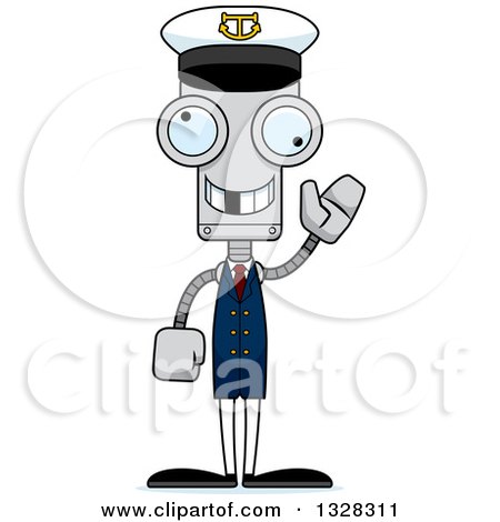 Clipart of a Cartoon Skinny Waving Robot Boat Captain with a Missing Tooth - Royalty Free Vector Illustration by Cory Thoman