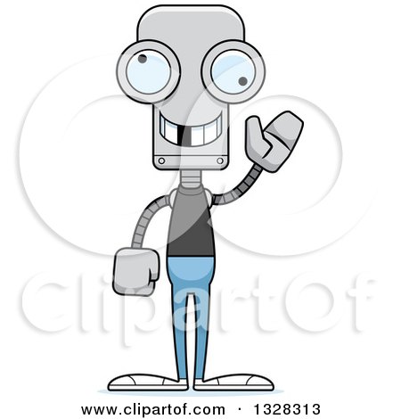 Clipart of a Cartoon Skinny Waving Casual Robot with a Missing Tooth - Royalty Free Vector Illustration by Cory Thoman
