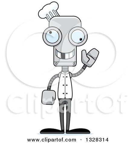 Clipart of a Cartoon Skinny Waving Chef Robot with a Missing Tooth - Royalty Free Vector Illustration by Cory Thoman