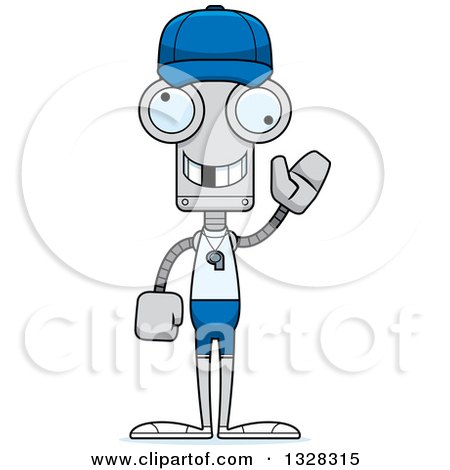 Clipart of a Cartoon Skinny Waving Robot Sports Coach with a Missing Tooth - Royalty Free Vector Illustration by Cory Thoman
