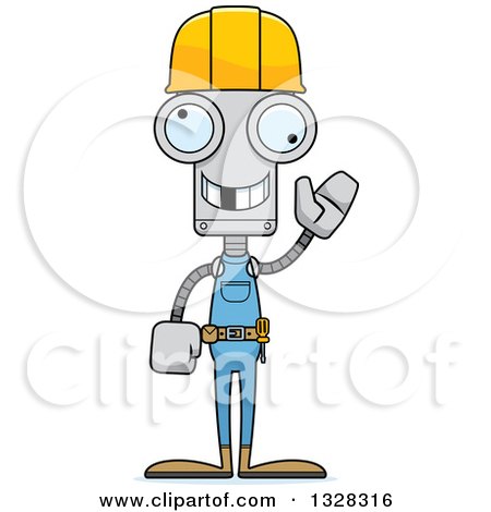 Clipart of a Cartoon Skinny Waving Robot Construction Worker with a Missing Tooth - Royalty Free Vector Illustration by Cory Thoman