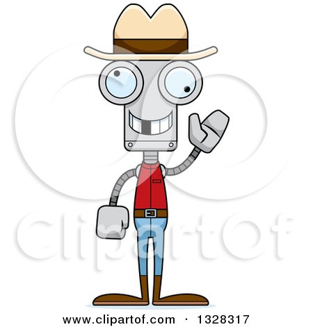Clipart of a Cartoon Skinny Waving Robot Cowboy with a Missing Tooth - Royalty Free Vector Illustration by Cory Thoman