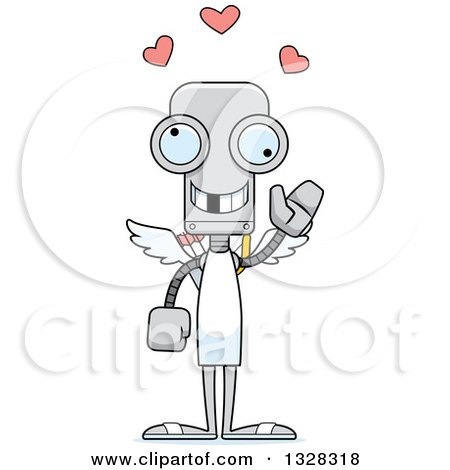 Clipart of a Cartoon Skinny Waving Robot Cupid with a Missing Tooth - Royalty Free Vector Illustration by Cory Thoman