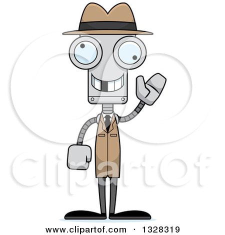 Clipart of a Cartoon Skinny Waving Robot Detective with a Missing Tooth - Royalty Free Vector Illustration by Cory Thoman