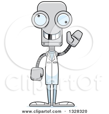 Clipart of a Cartoon Skinny Waving Robot Doctor with a Missing Tooth - Royalty Free Vector Illustration by Cory Thoman