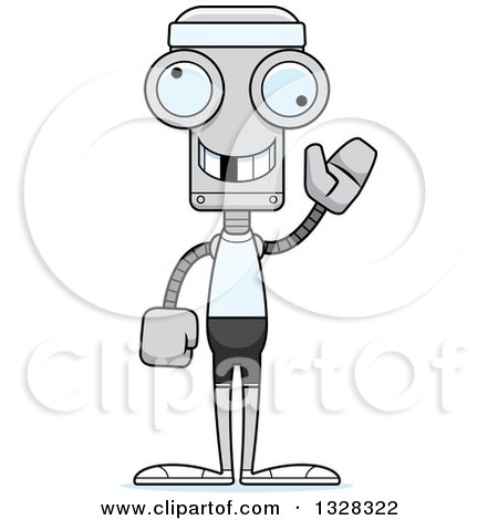Clipart of a Cartoon Skinny Waving Fit Robot with a Missing Tooth - Royalty Free Vector Illustration by Cory Thoman