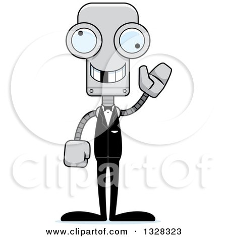 Clipart of a Cartoon Skinny Waving Robot Groom with a Missing Tooth - Royalty Free Vector Illustration by Cory Thoman