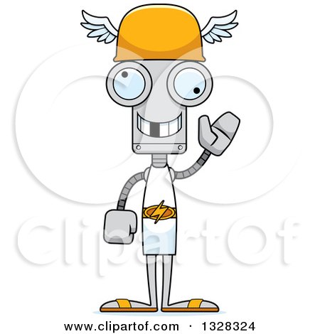 Clipart of a Cartoon Skinny Waving Hermes Robot with a Missing Tooth - Royalty Free Vector Illustration by Cory Thoman