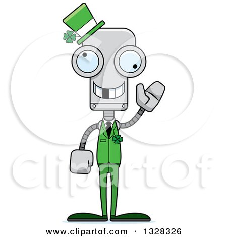 Clipart of a Cartoon Skinny Waving Irish St Patricks Day Robot with a Missing Tooth - Royalty Free Vector Illustration by Cory Thoman