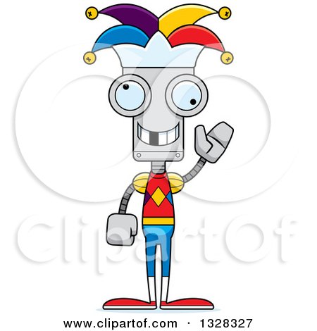 Clipart of a Cartoon Skinny Waving Robot Jester with a Missing Tooth - Royalty Free Vector Illustration by Cory Thoman