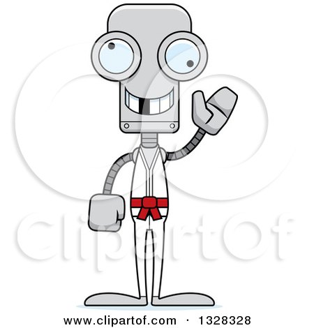 Clipart of a Cartoon Skinny Waving Karate Robot with a Missing Tooth - Royalty Free Vector Illustration by Cory Thoman