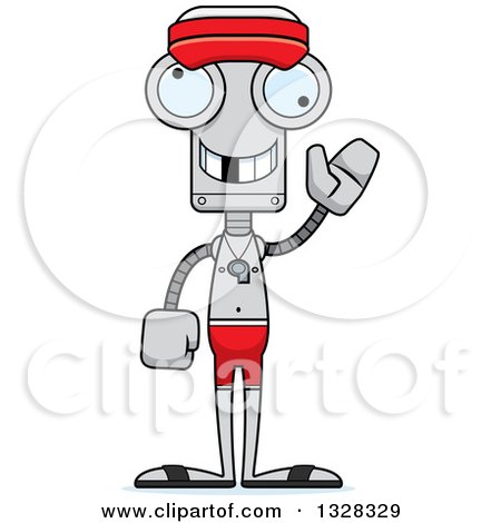 Clipart of a Cartoon Skinny Waving Lifeguard Robot with a Missing Tooth - Royalty Free Vector Illustration by Cory Thoman