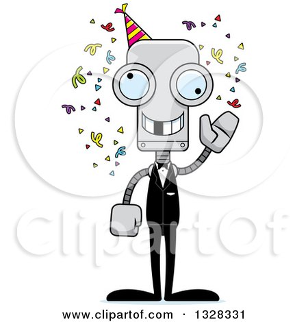 Clipart of a Cartoon Skinny Waving Party Robot with a Missing Tooth - Royalty Free Vector Illustration by Cory Thoman