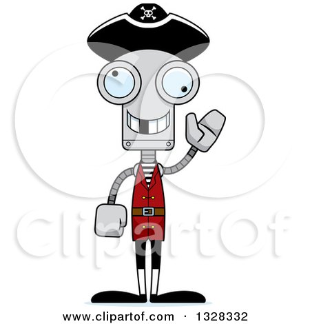 Clipart of a Cartoon Skinny Waving Pirate Robot with a Missing Tooth - Royalty Free Vector Illustration by Cory Thoman