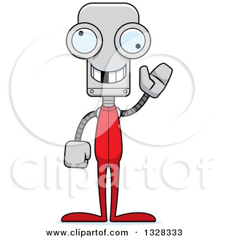 Clipart of a Cartoon Skinny Waving Robot with a Missing Tooth, Wearing Pajamas - Royalty Free Vector Illustration by Cory Thoman
