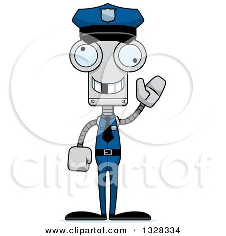 Clipart of a Cartoon Skinny Waving Robot Police Officer with a Missing Tooth - Royalty Free Vector Illustration by Cory Thoman