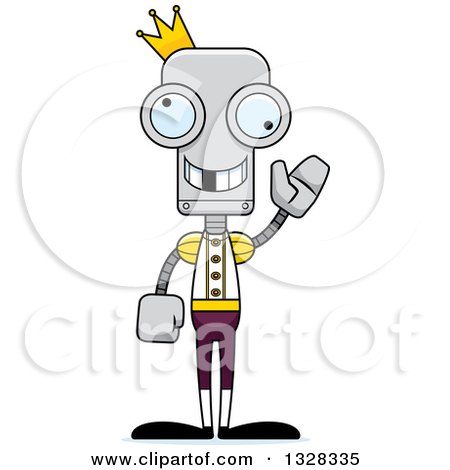 Clipart of a Cartoon Skinny Waving Robot Prince with a Missing Tooth - Royalty Free Vector Illustration by Cory Thoman