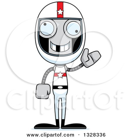 Clipart of a Cartoon Skinny Waving Race Car Driver Robot with a Missing Tooth - Royalty Free Vector Illustration by Cory Thoman