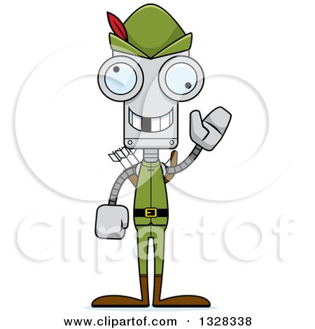 Clipart of a Cartoon Skinny Waving Robin Hood Robot with a Missing Tooth - Royalty Free Vector Illustration by Cory Thoman