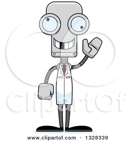 Clipart of a Cartoon Skinny Waving Robot Doctor with a Missing Tooth - Royalty Free Vector Illustration by Cory Thoman
