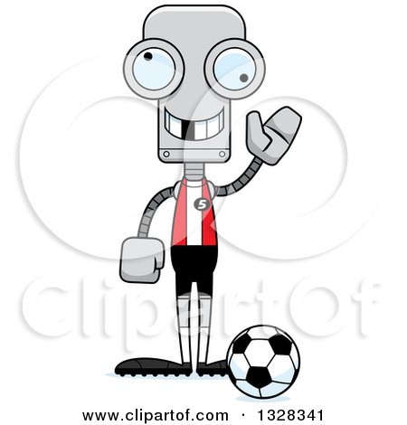 Clipart of a Cartoon Skinny Waving Robot Soccer Player with a Missing Tooth - Royalty Free Vector Illustration by Cory Thoman