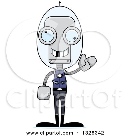 Clipart of a Cartoon Skinny Waving Futuristic Space Robot with a Missing Tooth - Royalty Free Vector Illustration by Cory Thoman