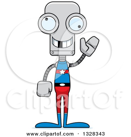 Clipart of a Cartoon Skinny Waving Robot Super Hero with a Missing Tooth - Royalty Free Vector Illustration by Cory Thoman