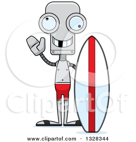 Clipart of a Cartoon Skinny Waving Surfer Robot with a Missing Tooth - Royalty Free Vector Illustration by Cory Thoman