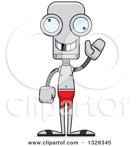 Clipart of a Cartoon Skinny Waving Robot Swimmer with a Missing Tooth - Royalty Free Vector Illustration by Cory Thoman