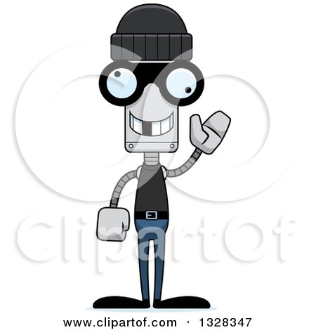 Clipart of a Cartoon Skinny Waving Robber Robot with a Missing Tooth - Royalty Free Vector Illustration by Cory Thoman