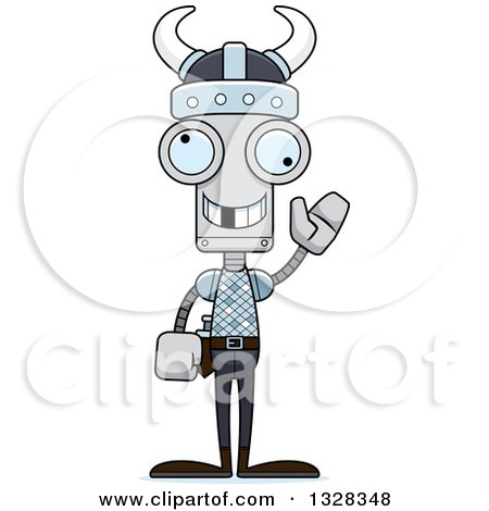 Clipart of a Cartoon Skinny Waving Viking Robot with a Missing Tooth - Royalty Free Vector Illustration by Cory Thoman