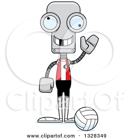 Clipart of a Cartoon Skinny Waving Robot Volleyball Player with a Missing Tooth - Royalty Free Vector Illustration by Cory Thoman